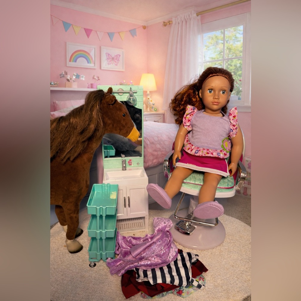 18” Doll Lot - Bathroom/Salon Play Set With Doll And Clothing